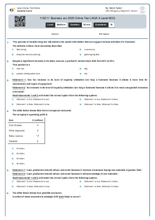 7132/11 Business Jun 2020 Online Test | AQA A Level MCQ