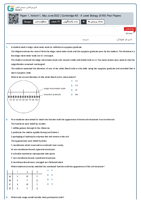 9700/11 Biology May Jun 2022 Online Test | Cambridge AS and A Level MCQ