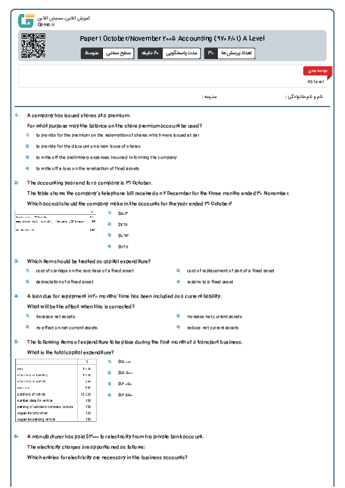 Paper 1 October/November 2005 Accounting (9706/01) A Level