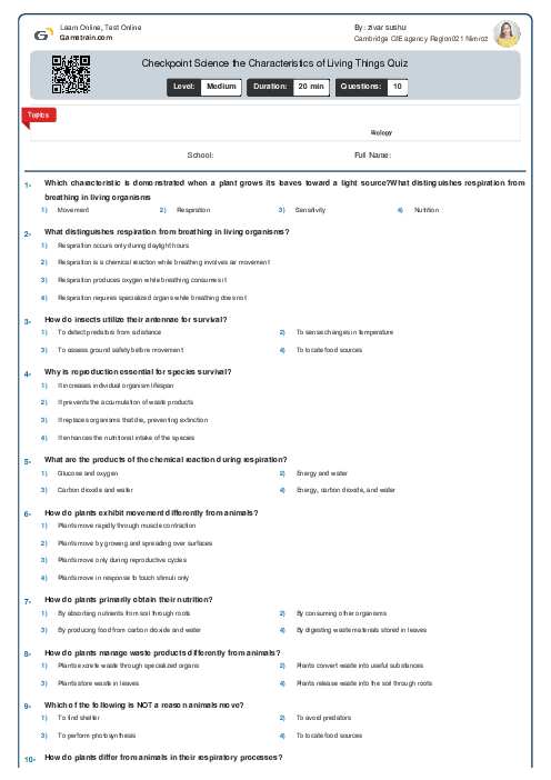 Checkpoint Science the Characteristics of Living Things Quiz