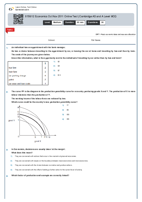 9708/12 Economics Oct Nov 2011 Online Test | Cambridge AS and A Level MCQ