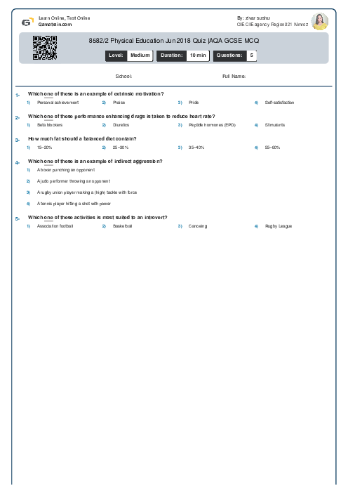 8582/2 Physical Education Jun 2018 Quiz |AQA GCSE MCQ