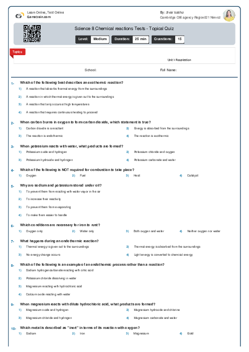 Science 8 Chemical reactions Tests - Topical Quiz