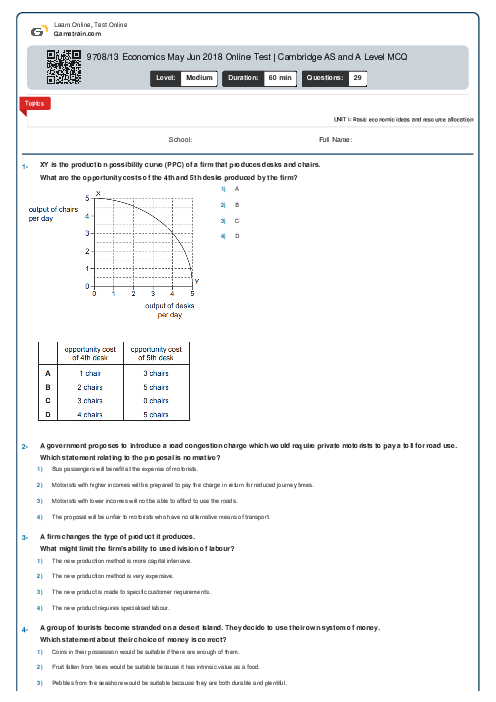 9708/13 Economics May Jun 2018 Online Test | Cambridge AS and A Level MCQ
