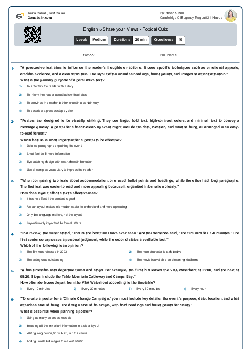  English 5 | Share your Views - Topical Quiz