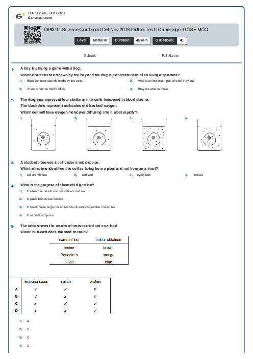 0653/11 Science Combined Oct Nov 2016 Online Test | Cambridge IGCSE MCQ