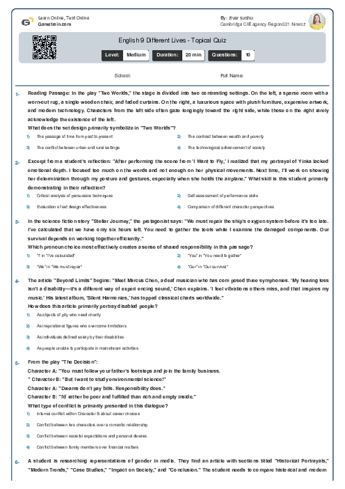 English 9 | Different Lives - Topical Quiz
