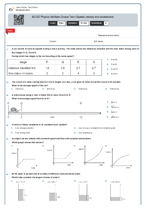 IGCSE Physics Multilple Choice Test | Speed‚ velocity and acceleration