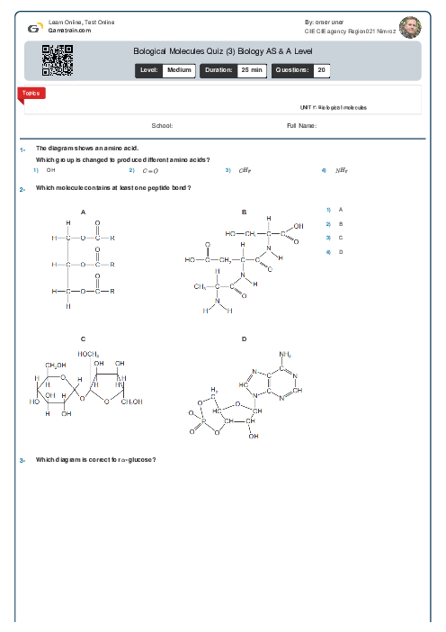 Biological Molecules Quiz (3) Biology AS Level