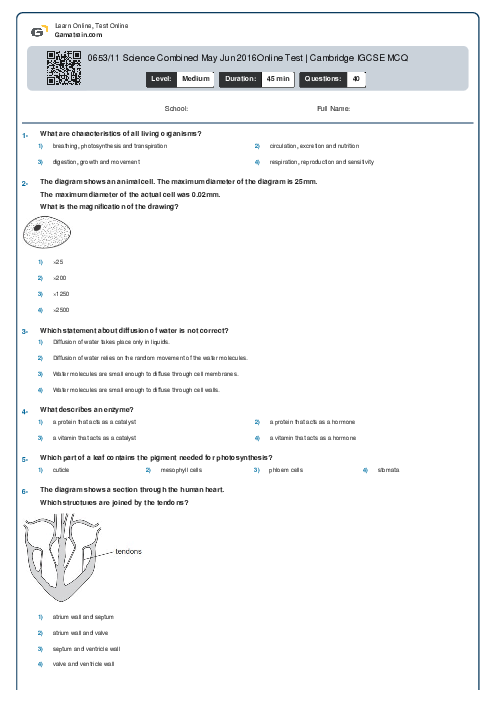 0653/11 Science Combined May Jun 2016Online Test | Cambridge IGCSE MCQ