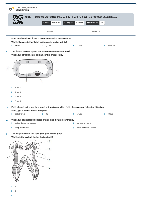 0653/11 Science Combined May Jun 2018 Online Test | Cambridge IGCSE MCQ