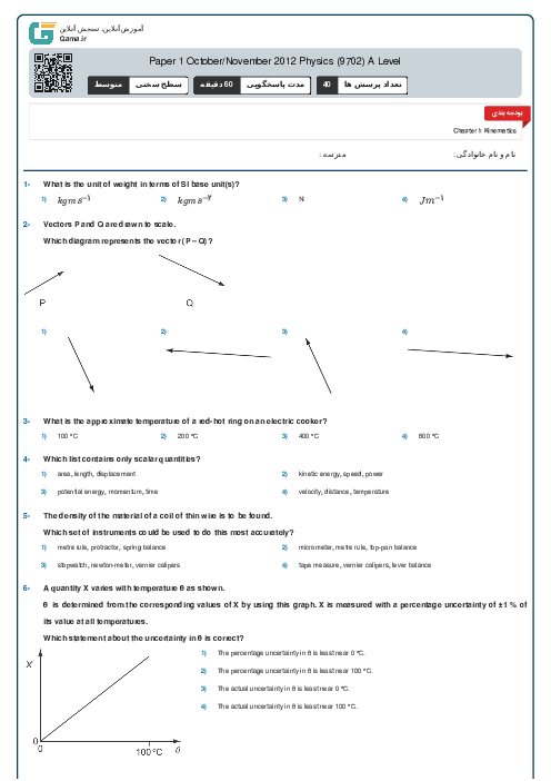 Paper 1 October/November 2012 Physics (9702) A Level