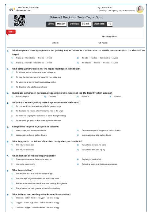 Science 8 Respiration Tests - Topical Quiz