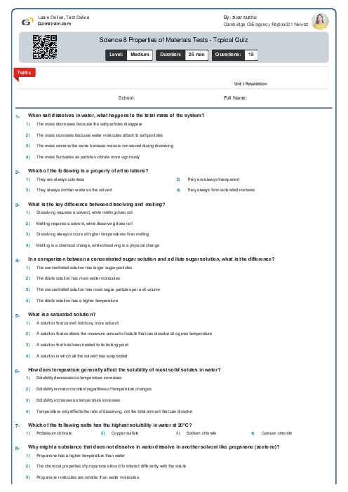 Science 8 Properties of Materials Tests - Topical Quiz