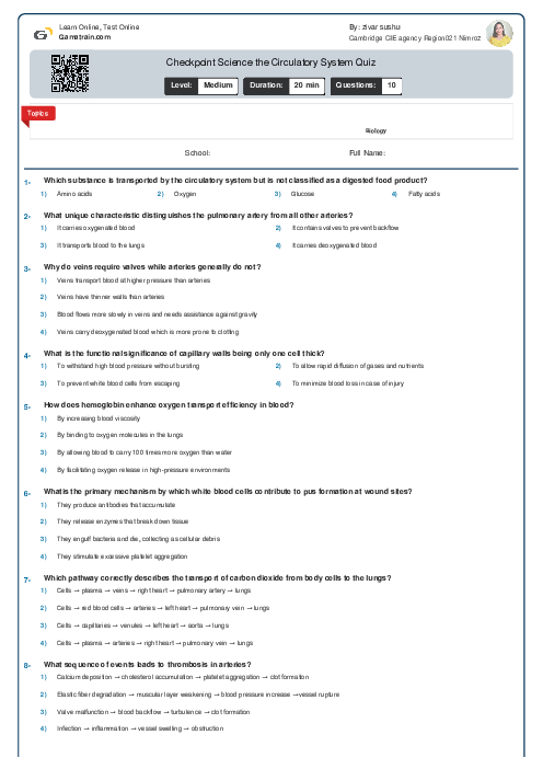 Checkpoint Science the Circulatory System Quiz
