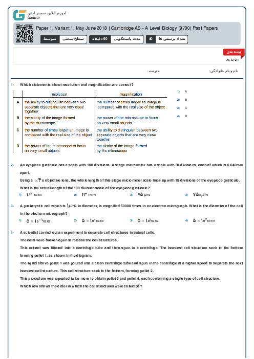 9700/11 Biology May Jun 2018 Online Test | Cambridge AS and A Level MCQ